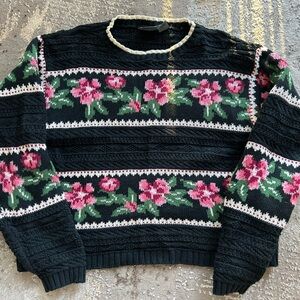 Vintage 90s Lizwear Floral Women's Granny Sweater Cottagecore Sz M Pink Black